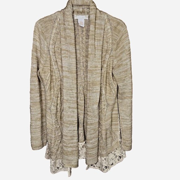 Boho Lace Trim Knit Cardigan Sweater Size M Beige Open Front Cozy Fall Layering - Picture 1 of 6